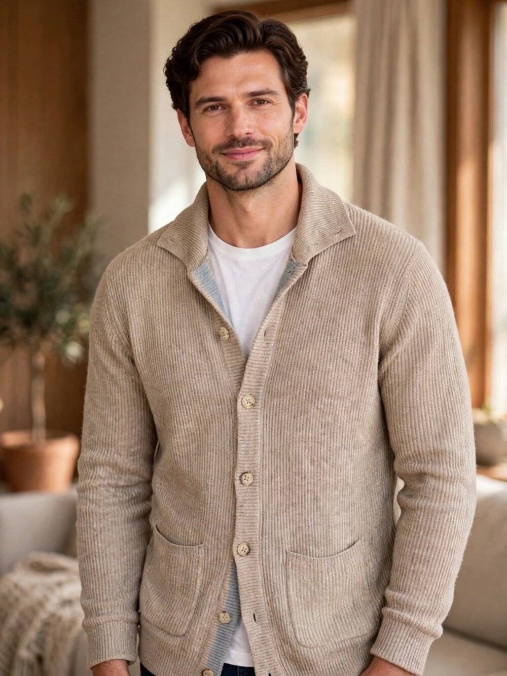 Britches Cardigan XL Cashmere Blend Long Grandpa Oatmeal Rib Knit Luxury
